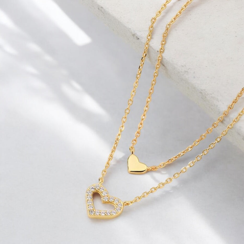 18K Plated | Double Stacked Pave CZ Heart Necklace