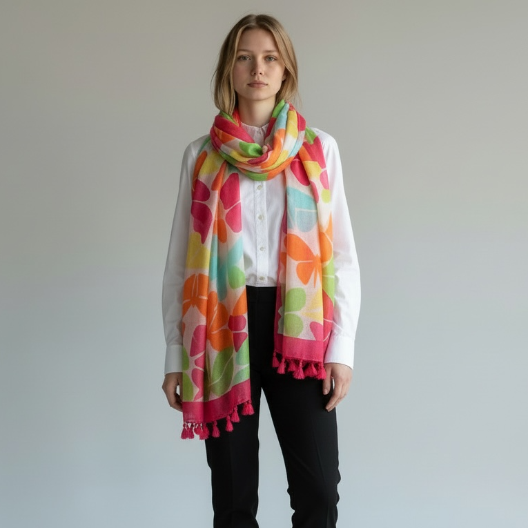 Woman wearing a colorful scarf with a white background