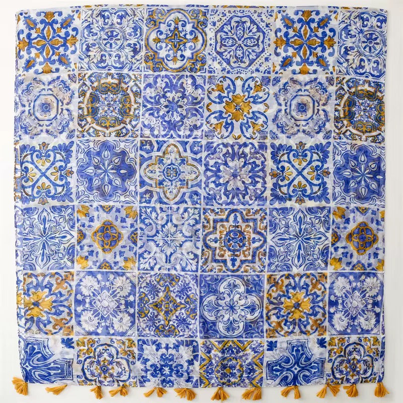 Ladies | Blue & Mustard Tile Scarf