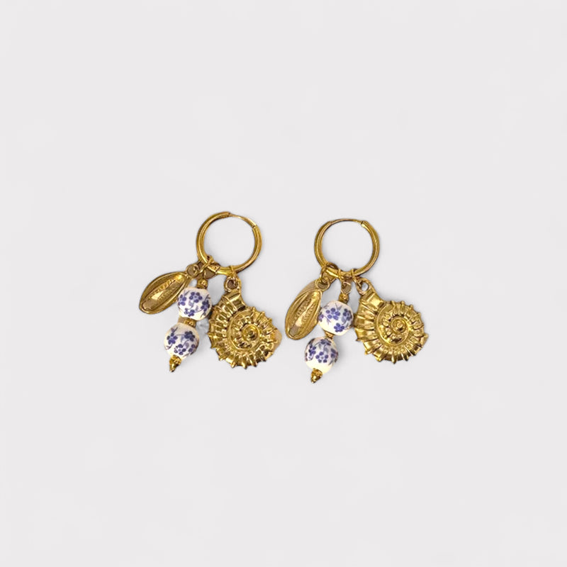 Ocean Blue & White Porcelain Bead & Gold Charm Earrings