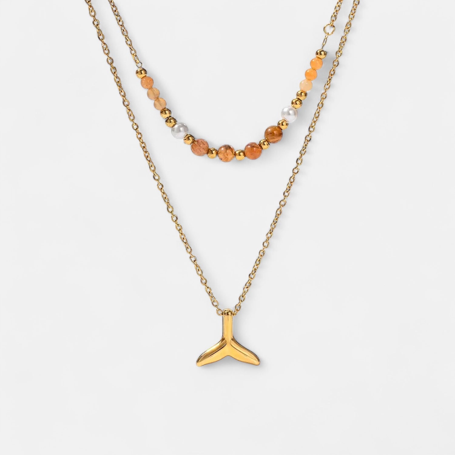 Ladies | Gold Whale Tail With Earth Bead 2 Layer Necklace | 18K Gold