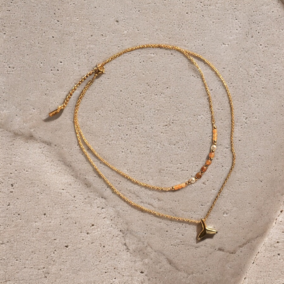 Ladies | Gold Whale Tail With Earth Bead 2 Layer Necklace | 18K Gold