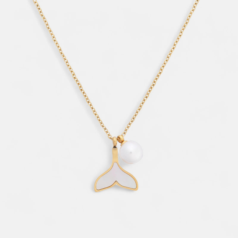 Ladies | Stainless Steel | Gold Pearl Whale Tail Short Necklace