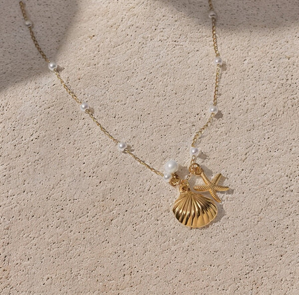 Ladies | Gold Pearl Shell & Star Fish Short Necklace