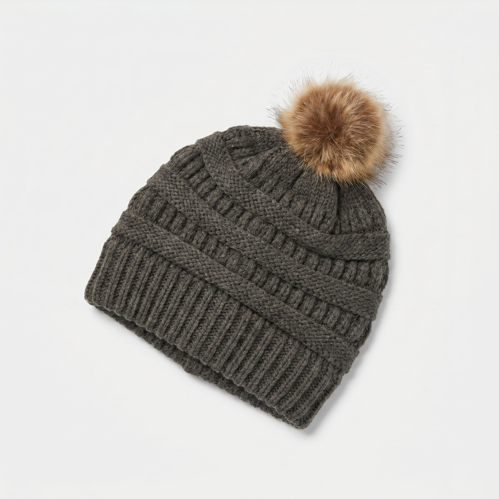 Ladies Grey Fur Pom Pom Beanie