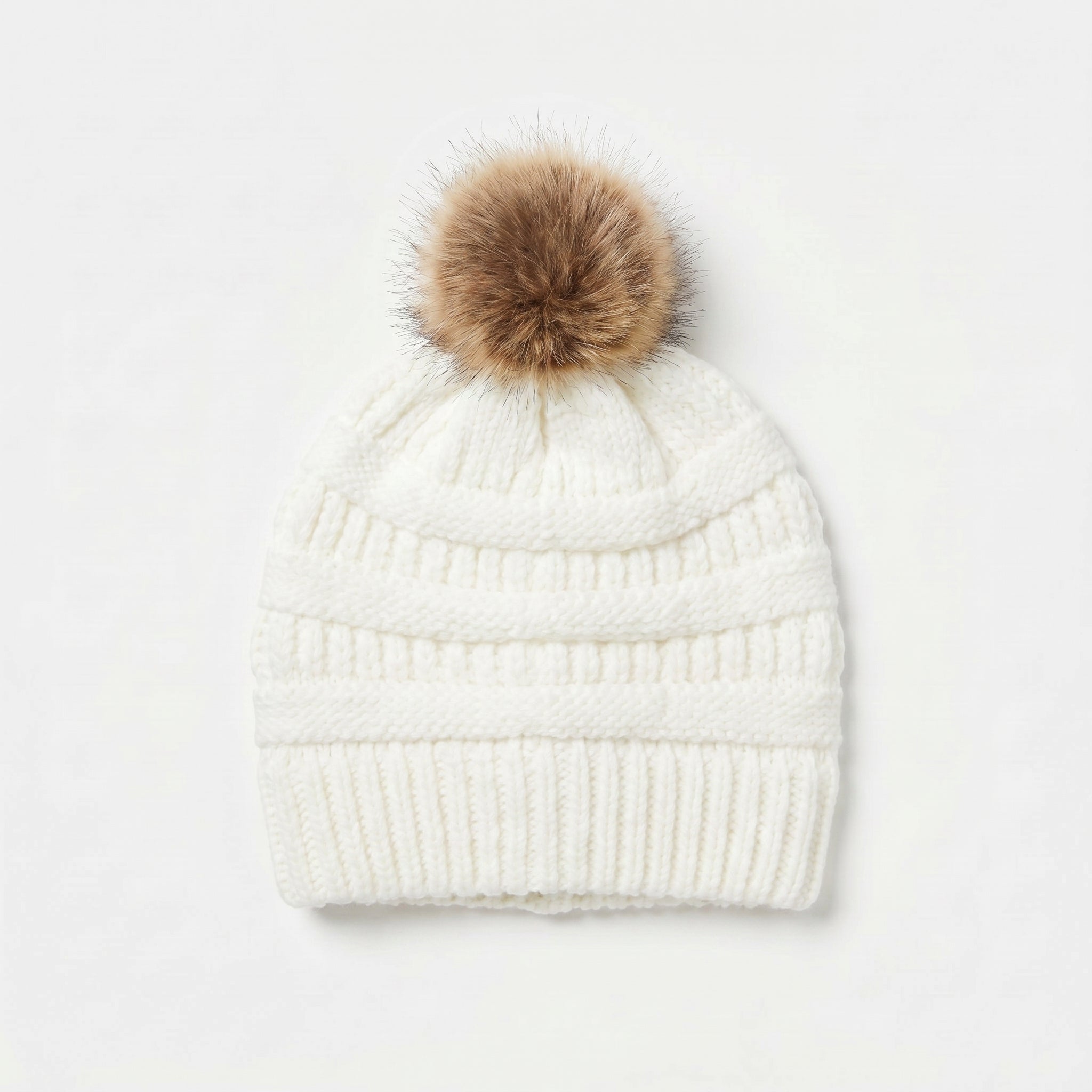 Ladies White Fur Pom Pom Beanie