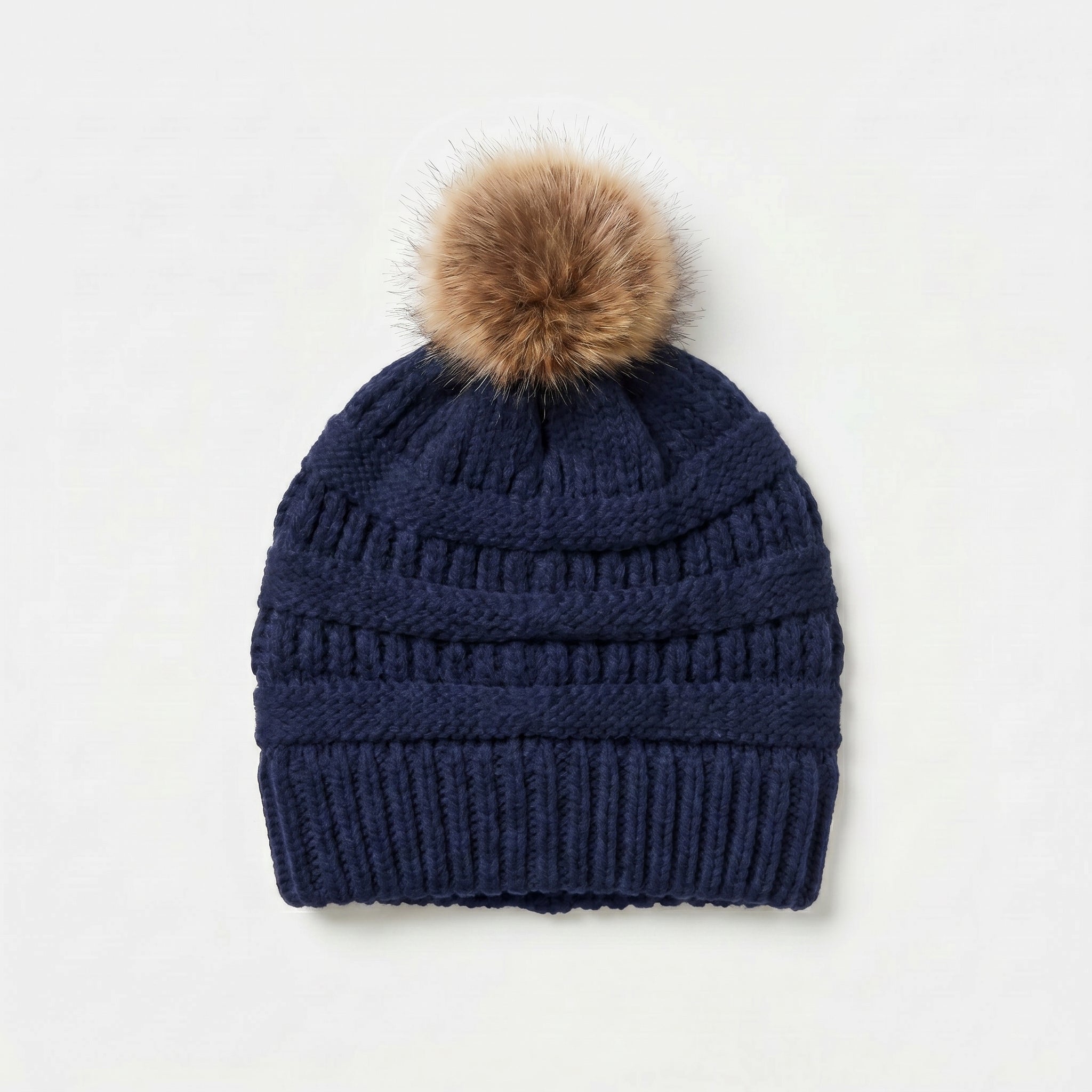 Ladies Navy Fur Pom Pom Beanie