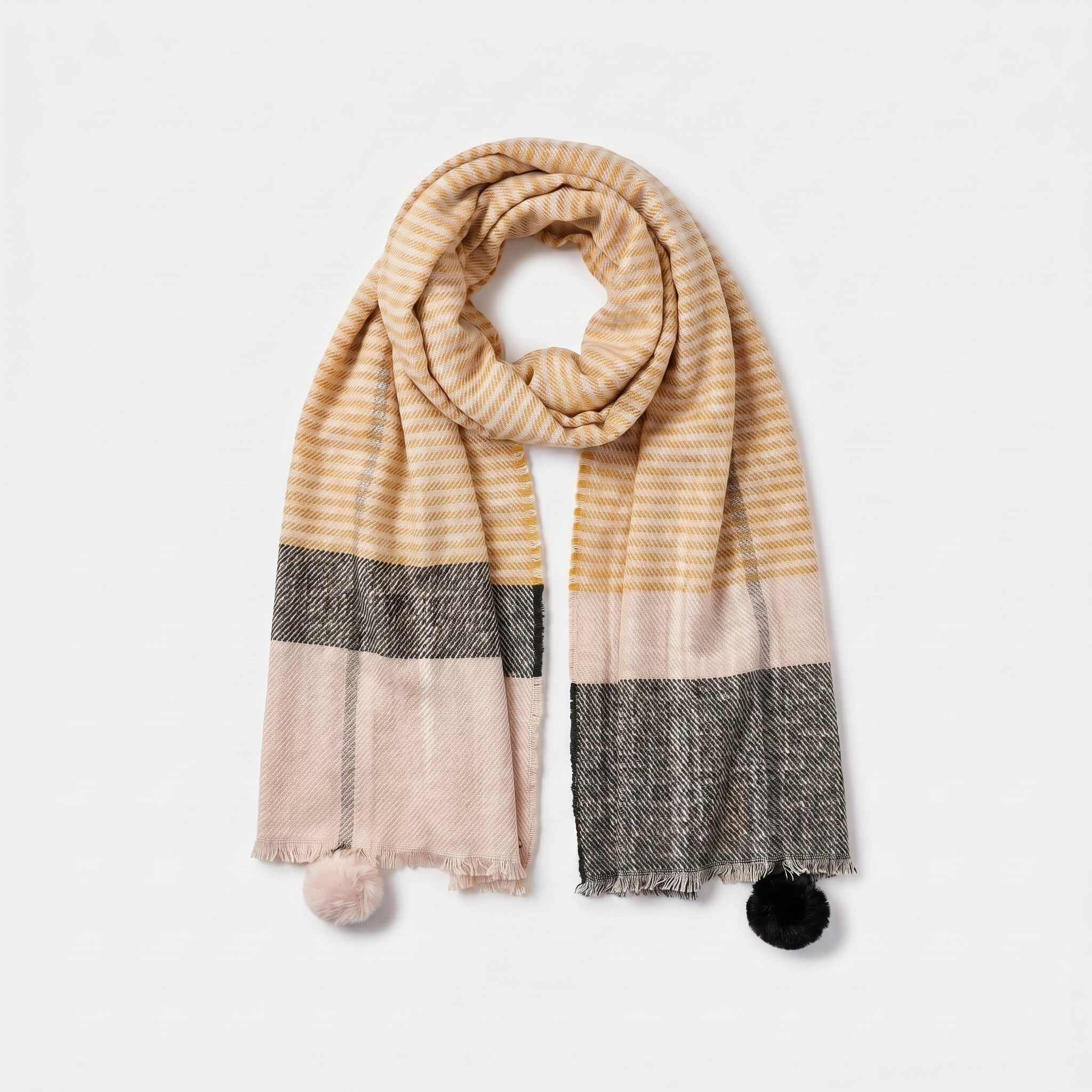 Ladies Winter | Pom Pom Yellow & Grey Stripe Scarf