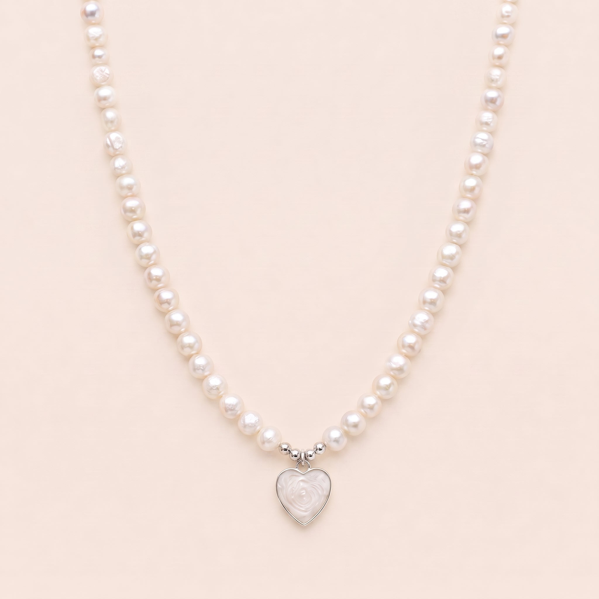 SHORT | Silver & Pearl Heart on Fresh Water Pearl Necklace