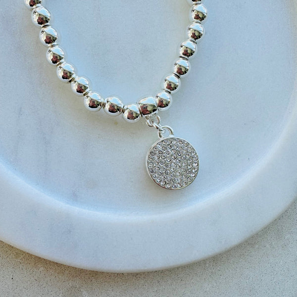 Silver Beads with Cubic Zirconia Disc Bracelet