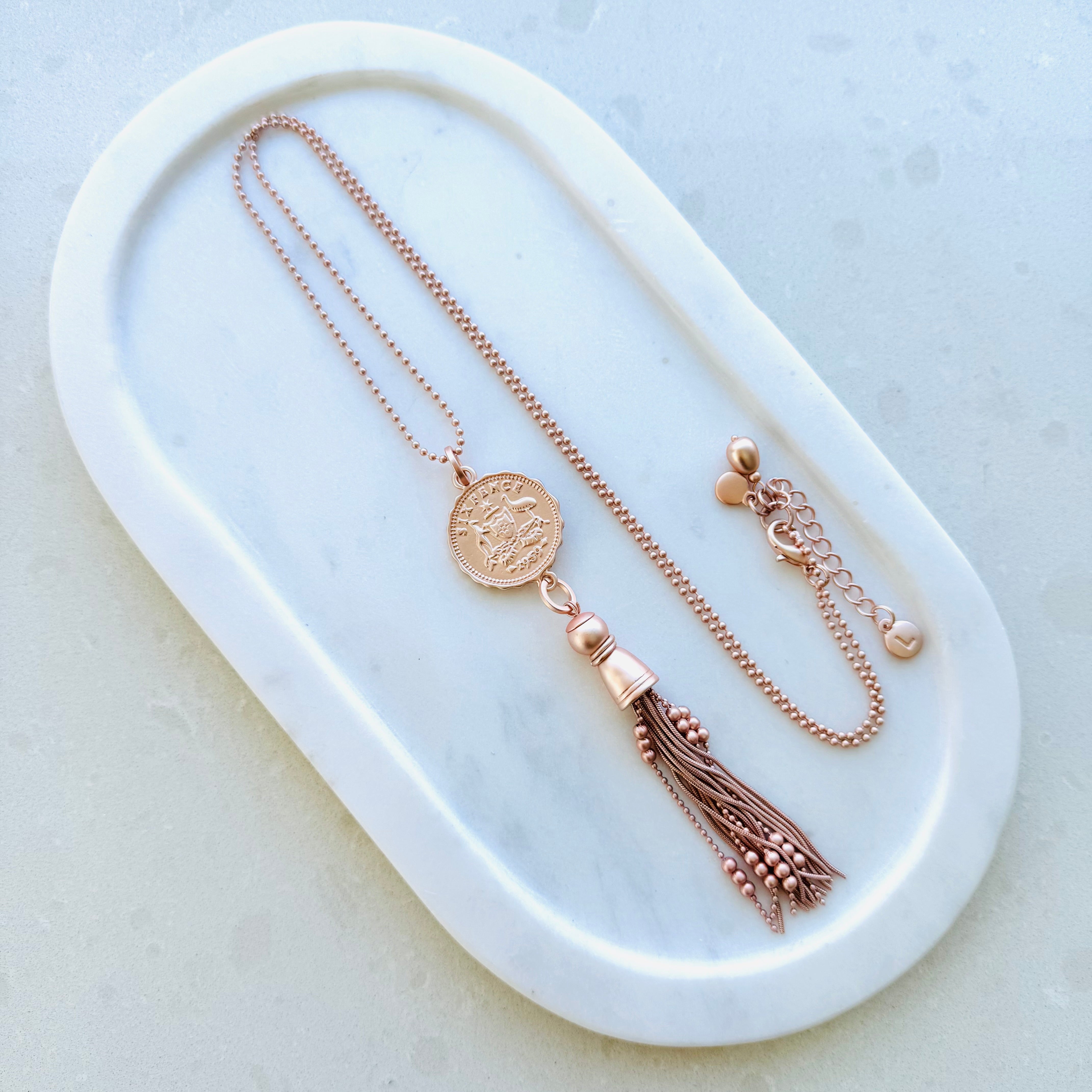 Matt Plated Rose Gold Coin & Tassel Necklace