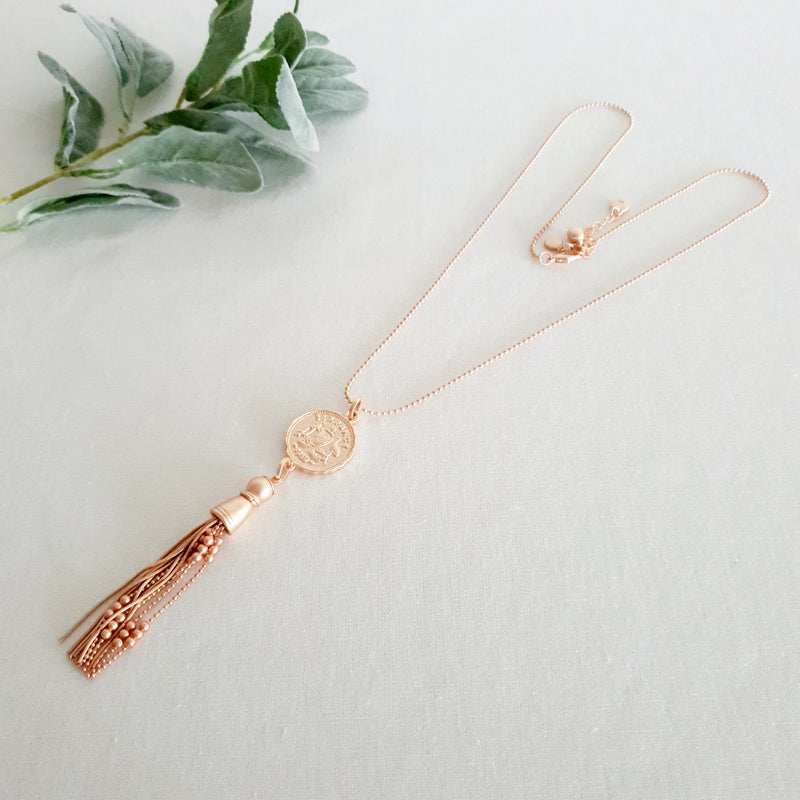 Matt Plated Rose Gold Coin & Tassel Necklace