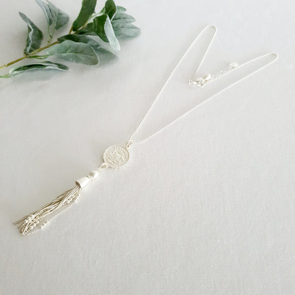 Matt Plated Silver Coin & Tassel Necklace