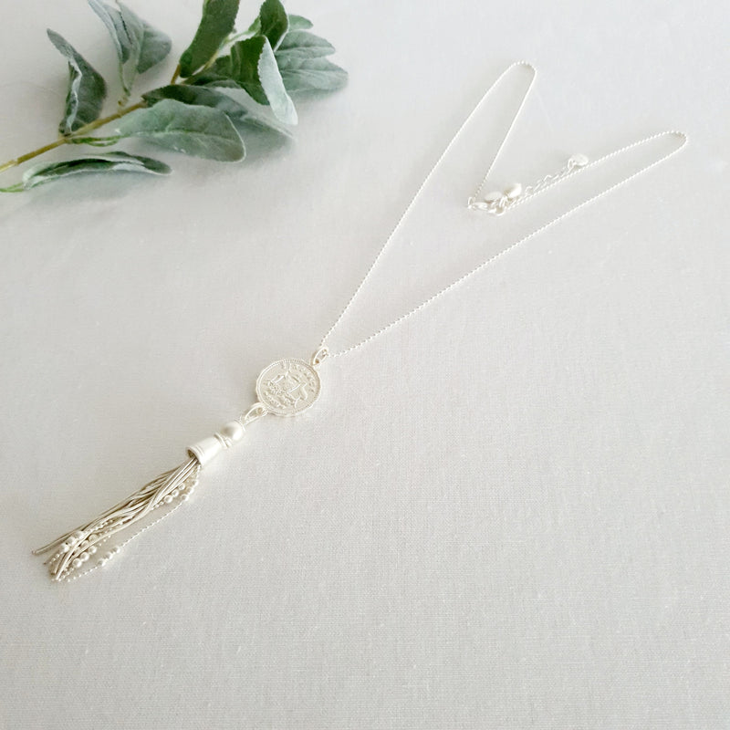 Matt Plated Silver Coin & Tassel Necklace