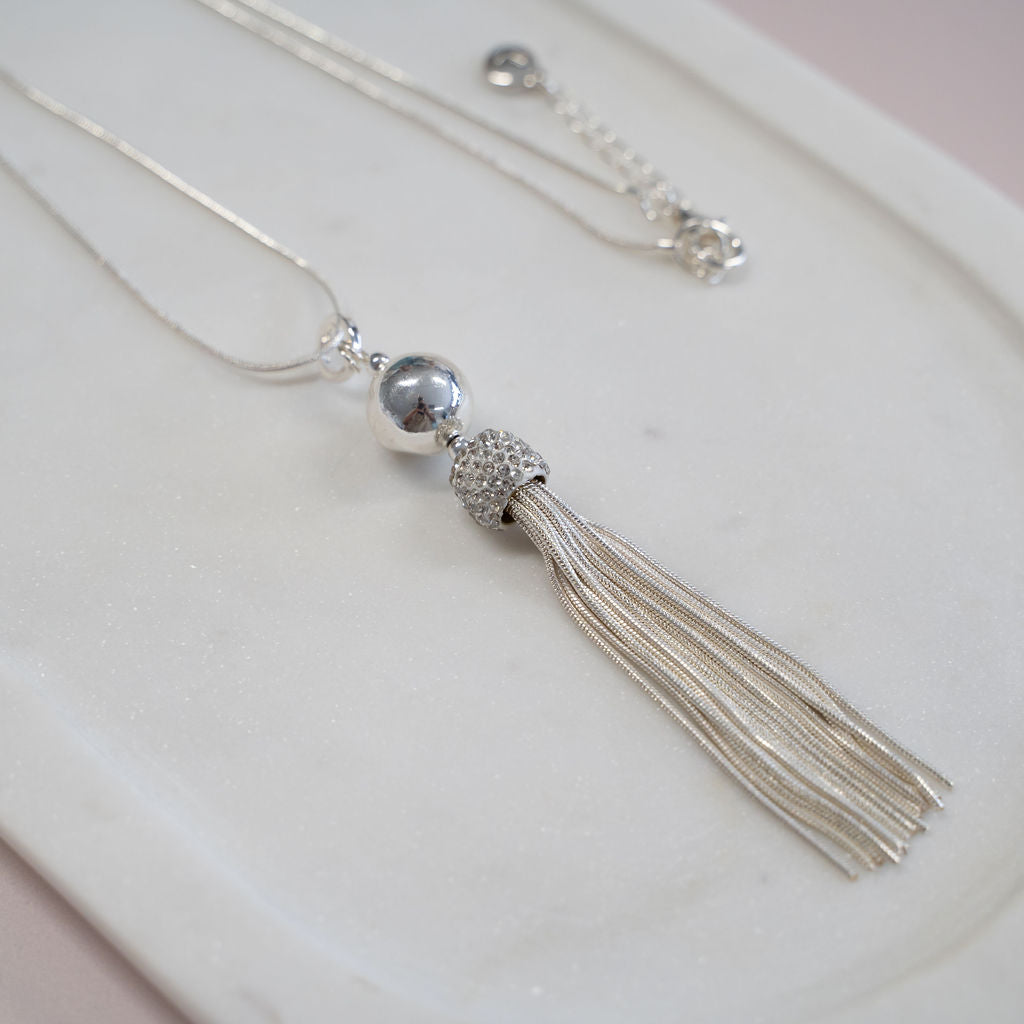 Silver Rhinestone & Silver Tassel Necklace