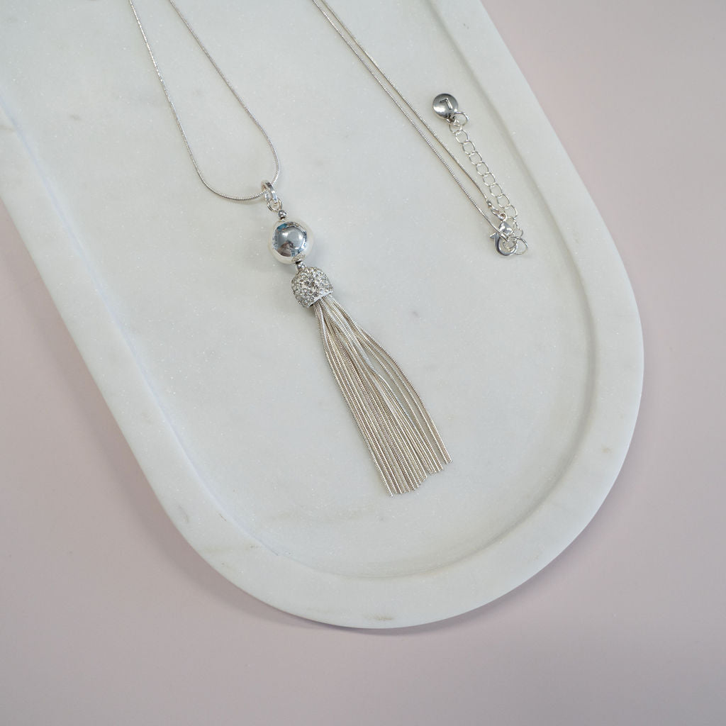 Silver Rhinestone & Silver Tassel Necklace