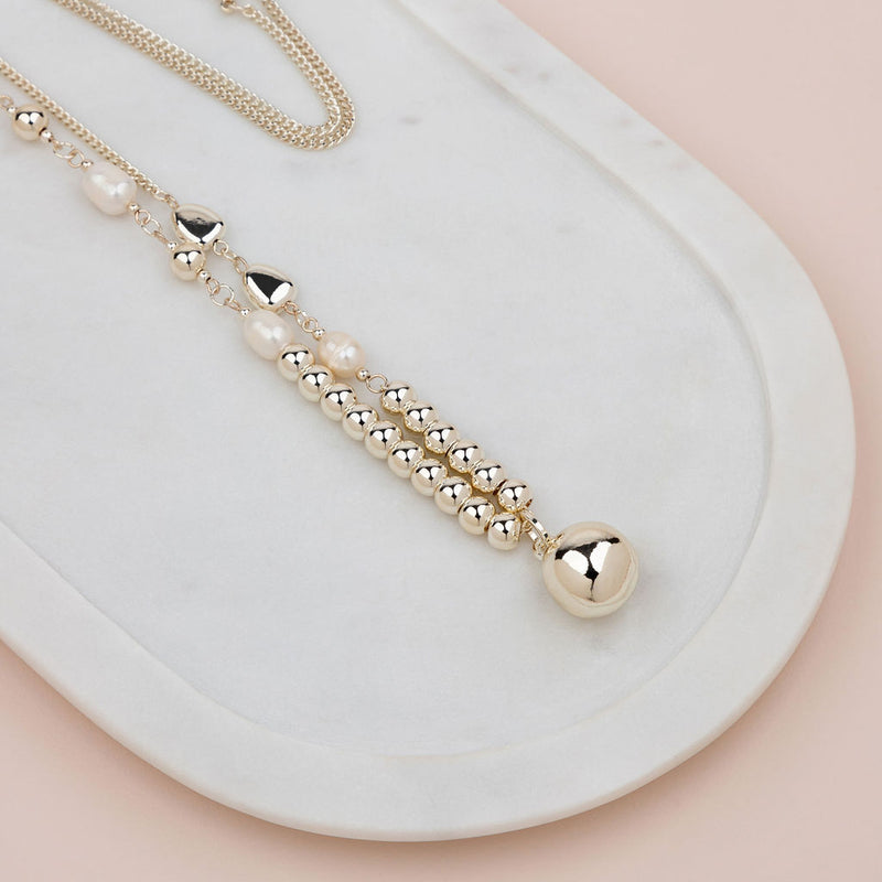 Light Gold Beads & Pearl Ball Necklace