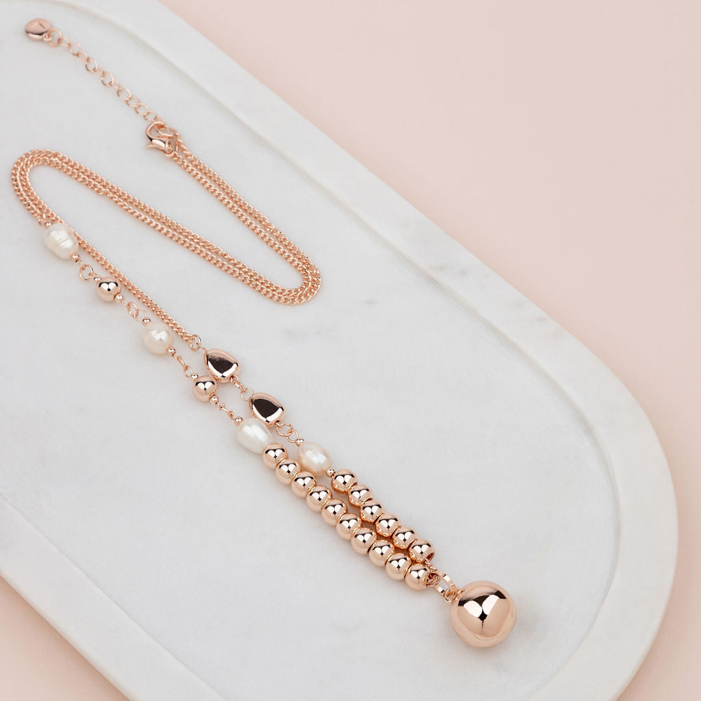 Rose Gold Beads & Pearl Ball Necklace