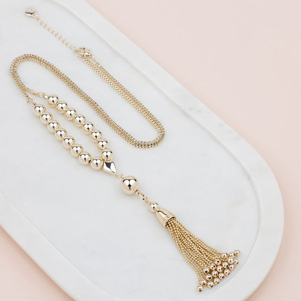 Light Gold Bead & Tassel Necklace