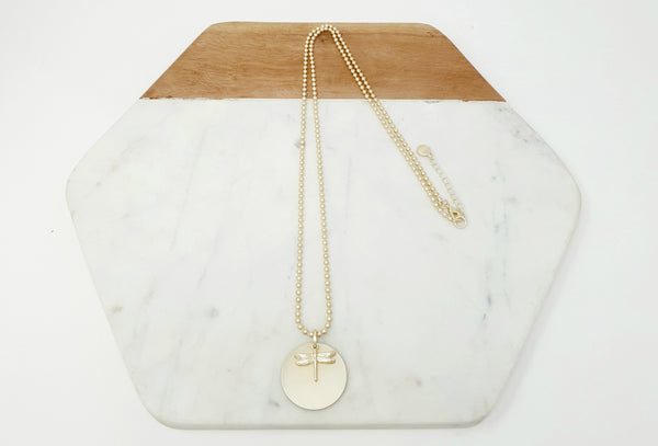 LONG | Light Gold Disc & Small Dragonfly Pendant Necklace