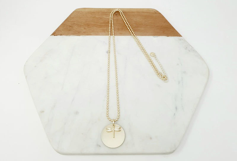 LONG | Light Gold Disc & Small Dragonfly Pendant Necklace