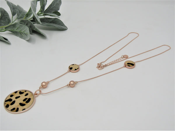 Matt Rose Gold Leppord Print Disc Necklace