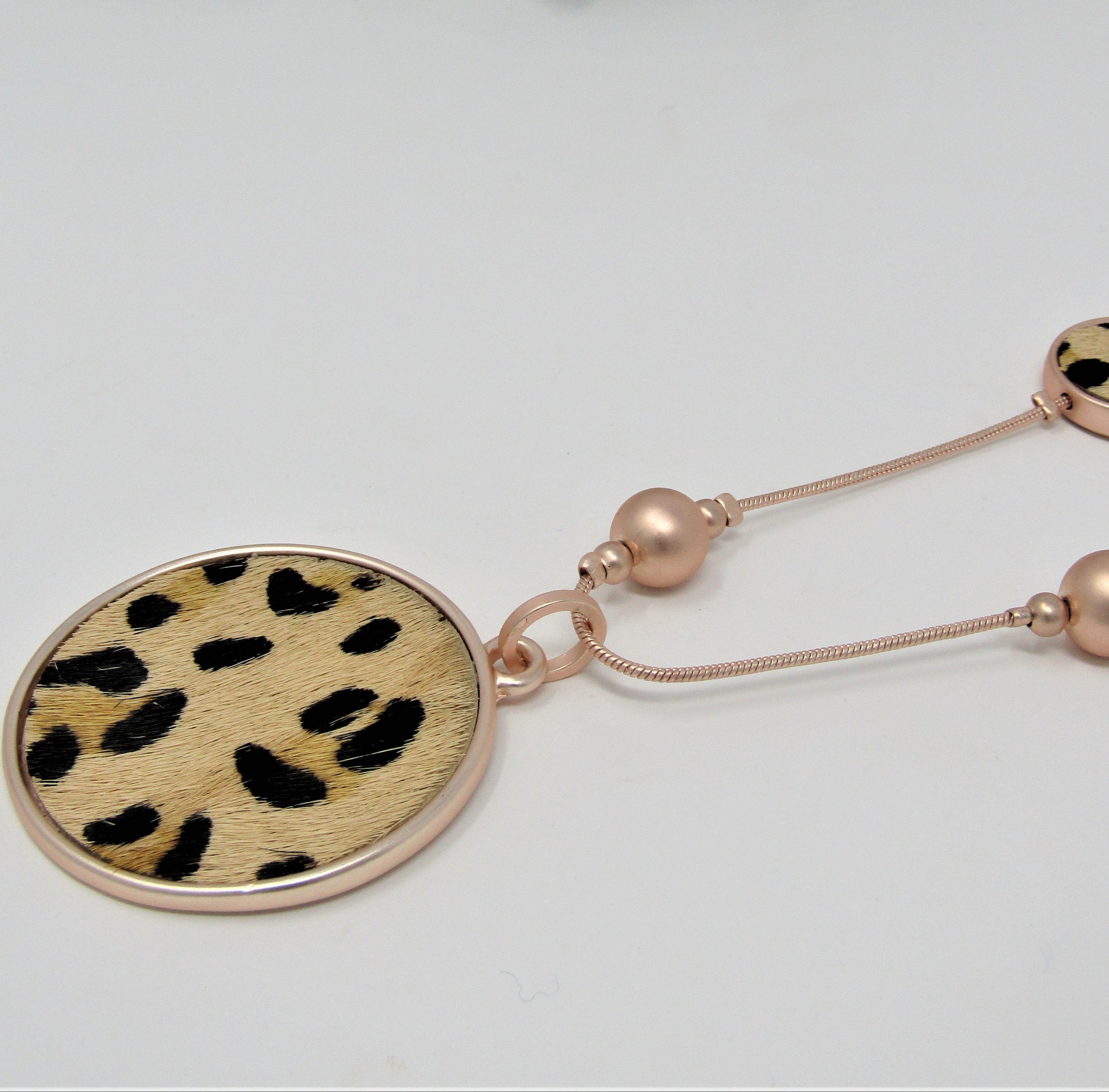 Matt Rose Gold Leppord Print Disc Necklace