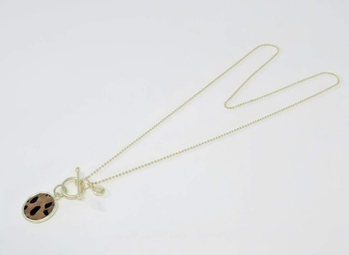Light Gold Brown Leppord Print Disc Necklace