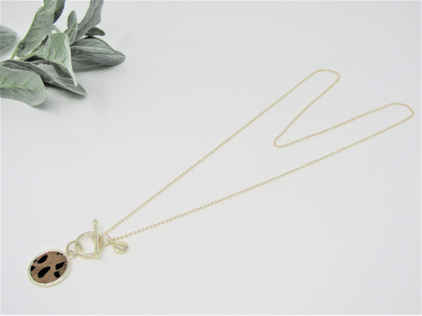 Light Gold Brown Leppord Print Disc Necklace