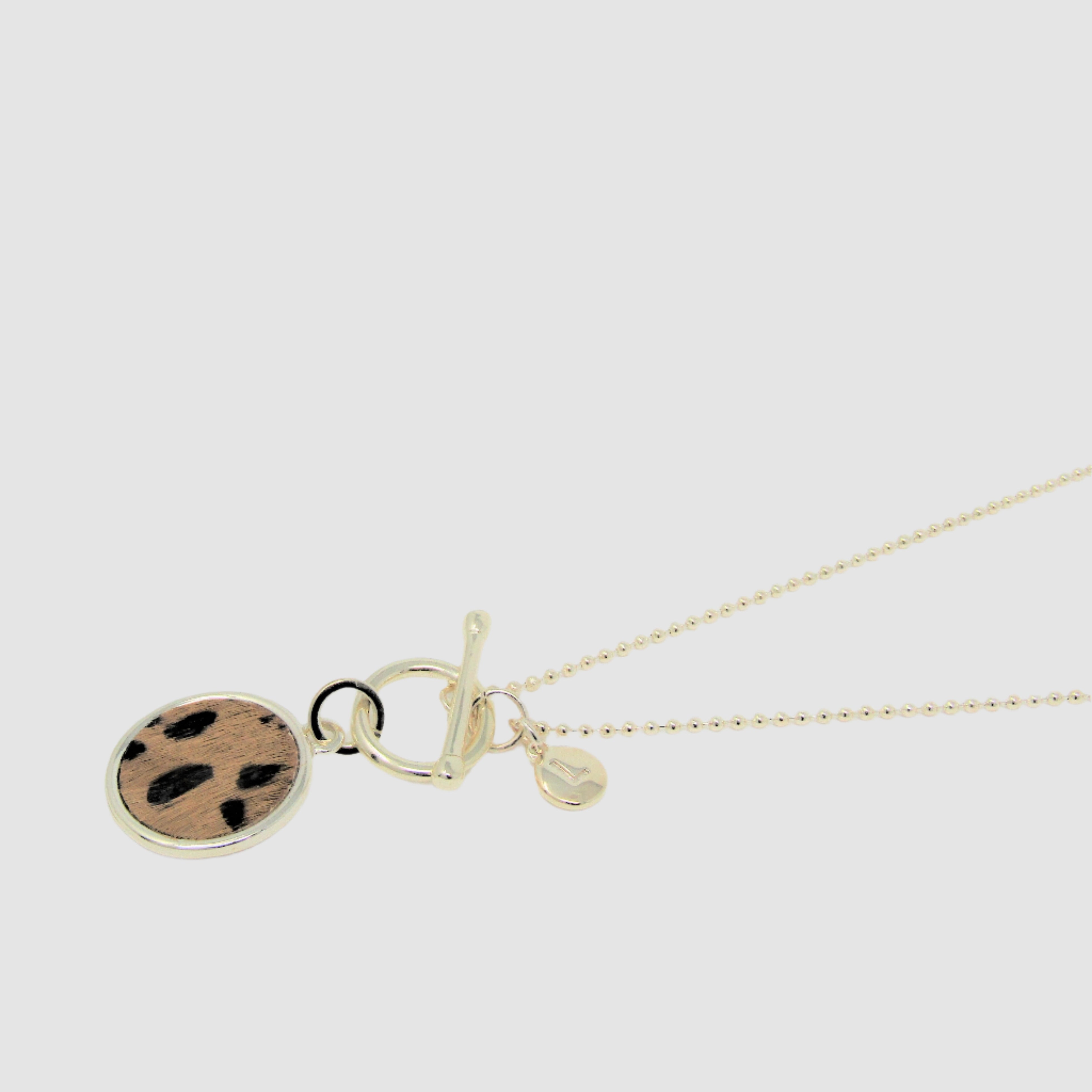 Light Gold Brown Leppord Print Disc Necklace
