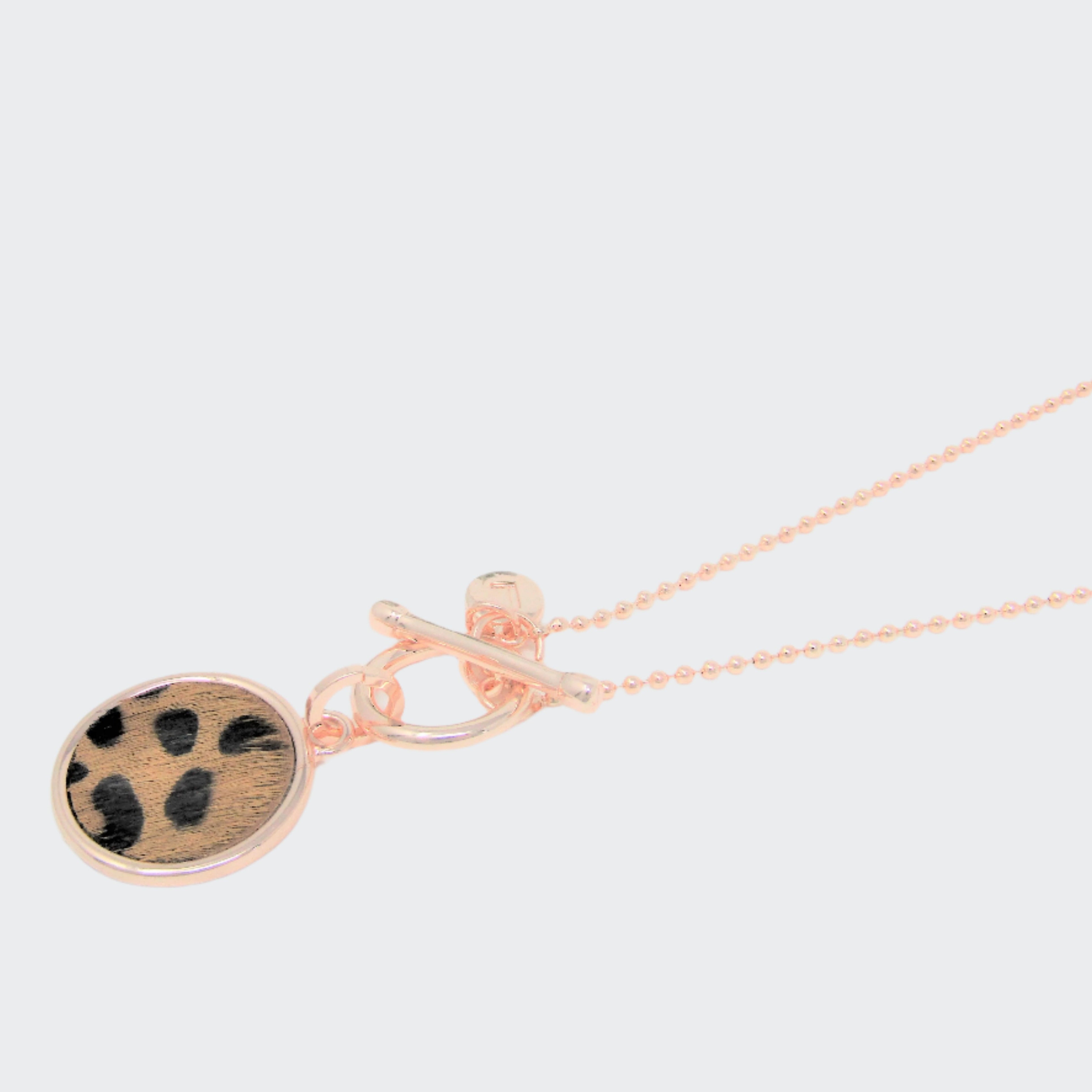 Rose Gold Brown Leppord Print Disc Necklace