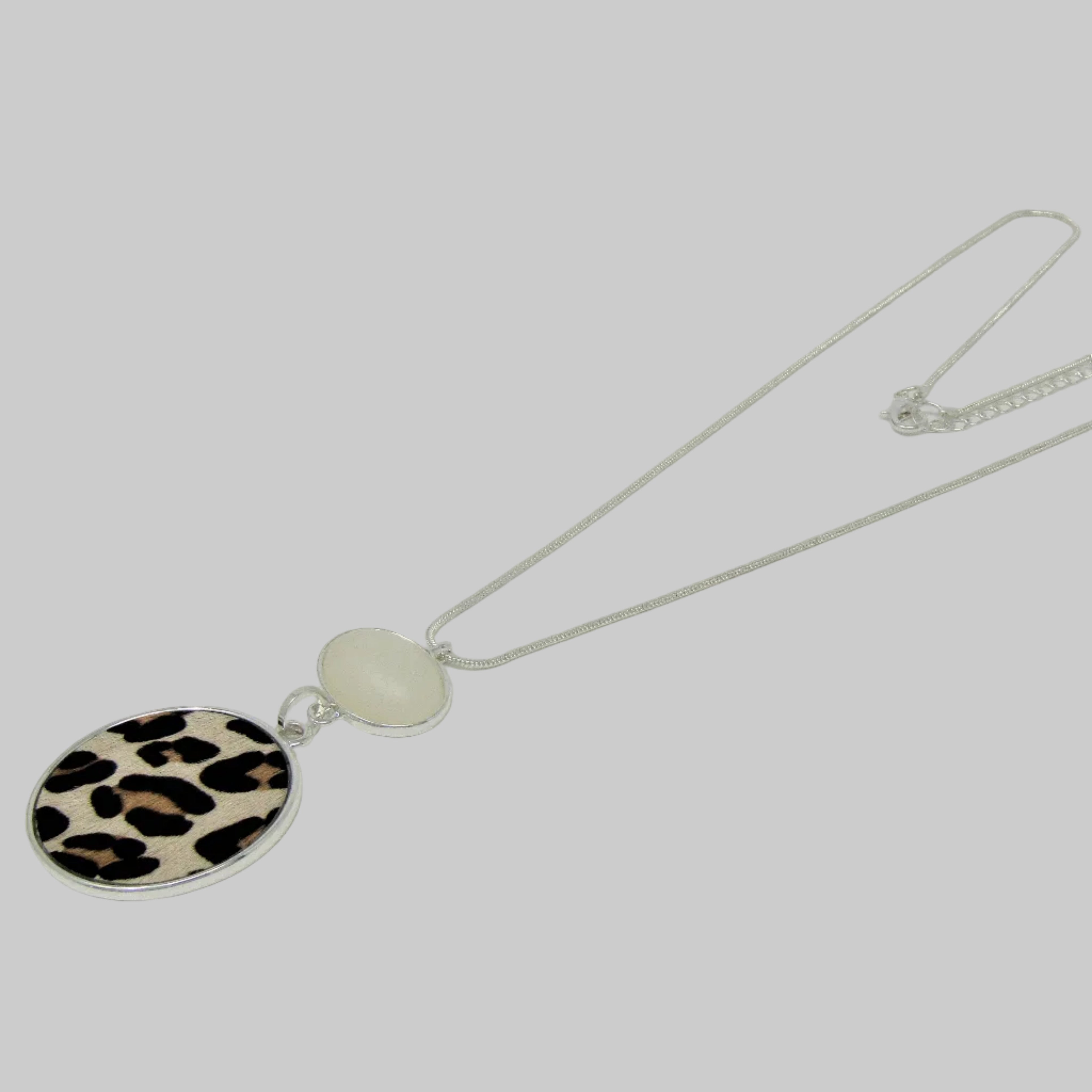 Silver Cream & Black Leppord Print Disc Necklace