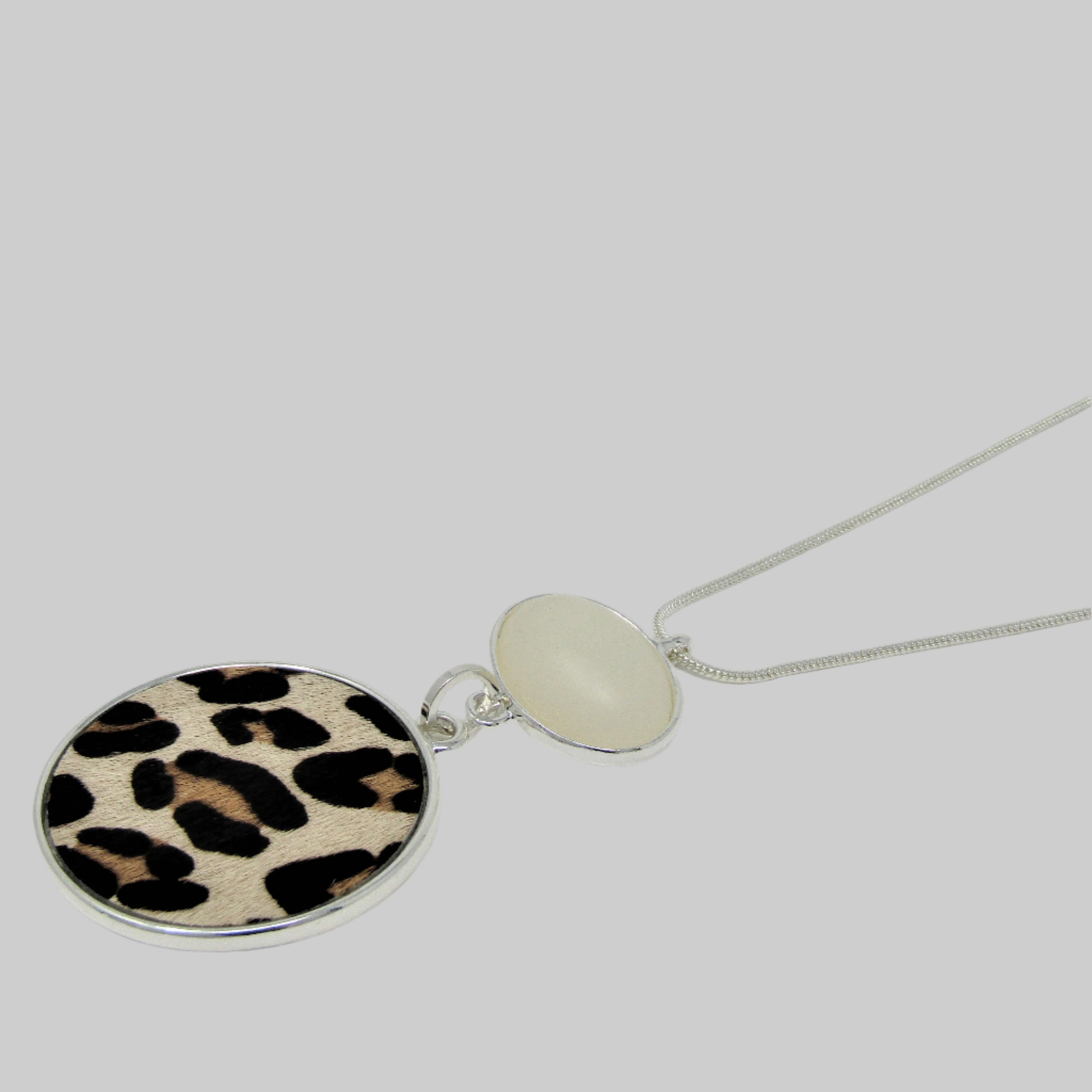 Silver Cream & Black Leppord Print Disc Necklace