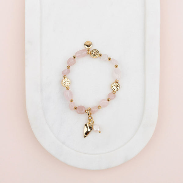 Shiny Gold Heart with Rose Quartz Bracelet