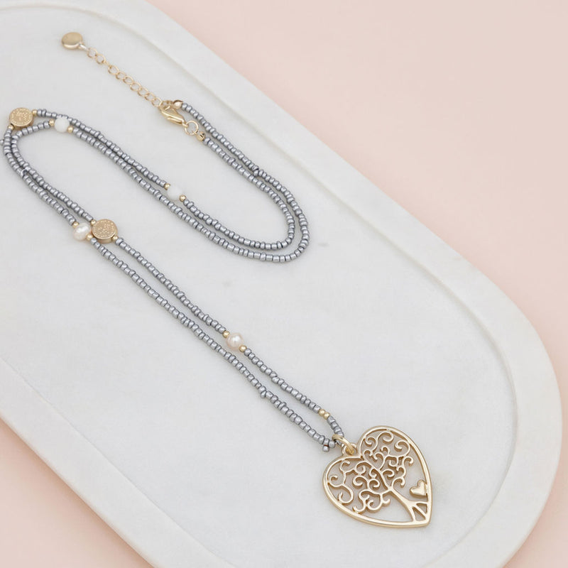 Gold Heart Tree Pendant on Silver Beads Necklace
