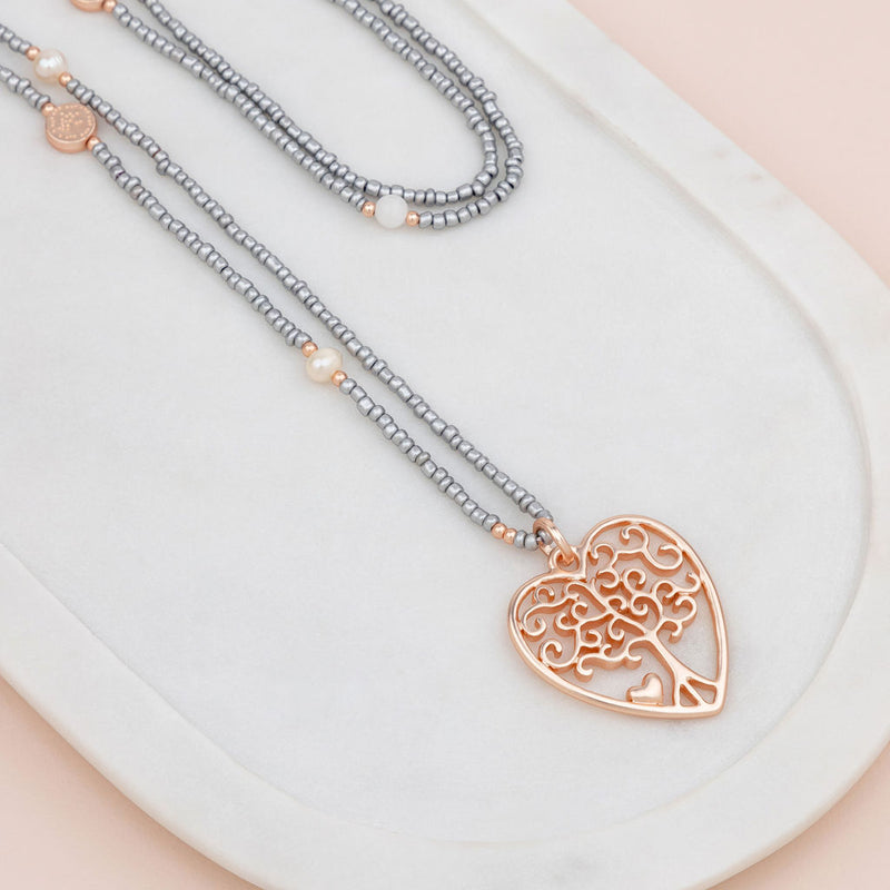 Rose Gold Heart Tree Pendant on Silver Beads Necklace