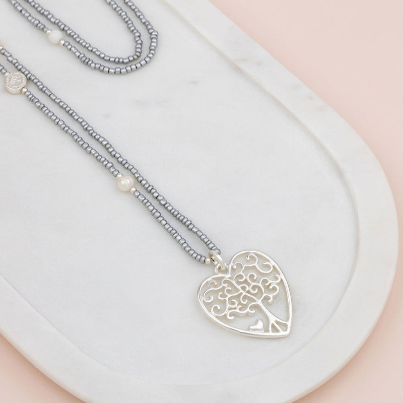 Silver Heart Tree Pendant on Silver Beads Necklace