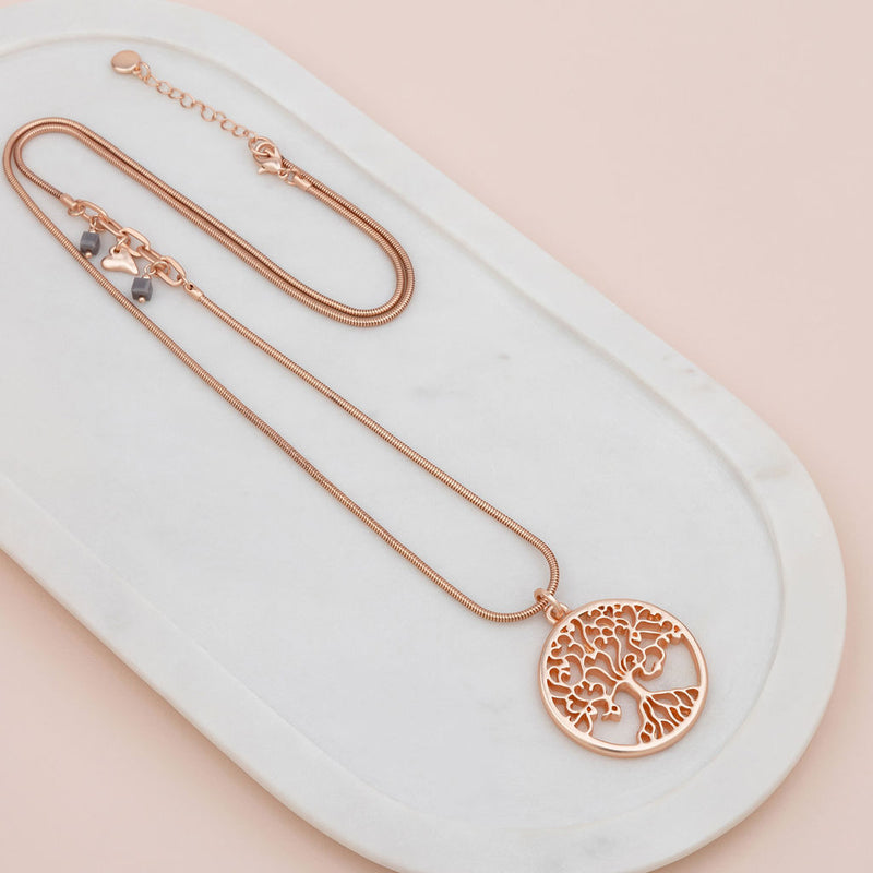 Matt Rose Gold Tree w Beads + Heart Pendant Necklace