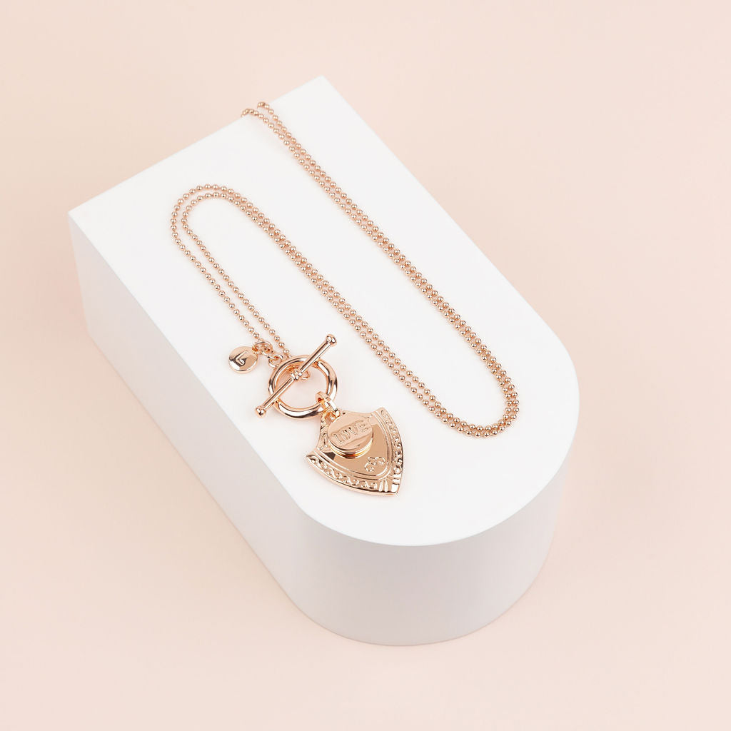 Rose Gold Sheild Pendant Long Necklace
