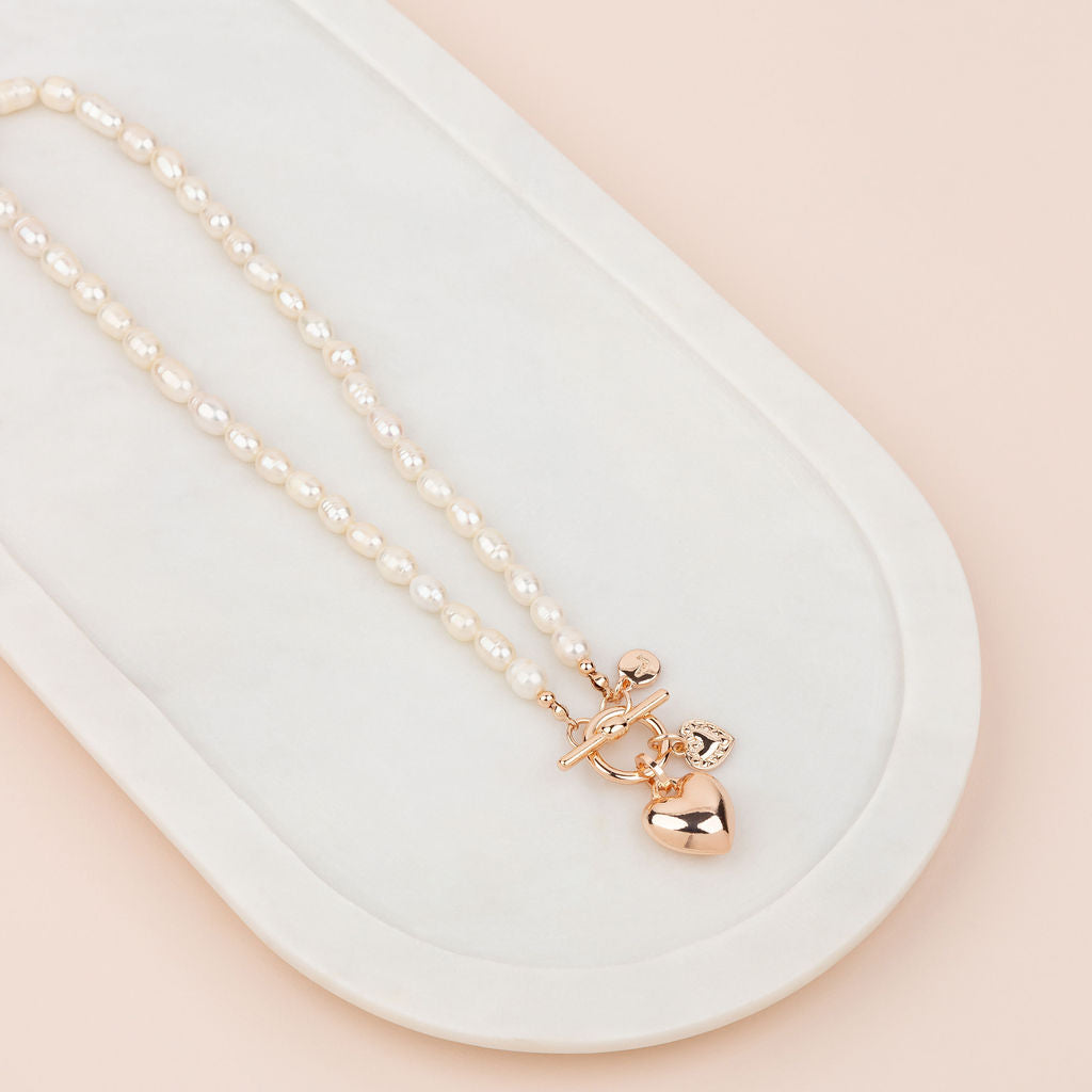 LIMITED EDITION | SHORT | Rose Gold Heart on Freshwater Pearl Necklace