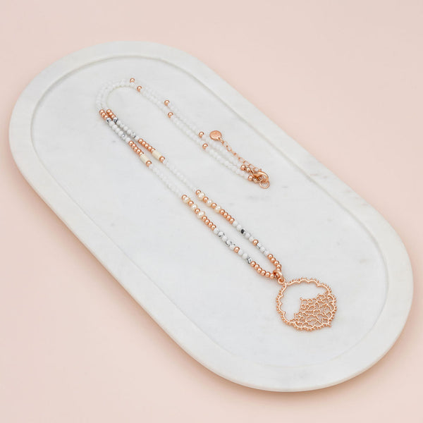 Rose Gold Matt Bead & Howlite Stones Lacey Pendant Necklace