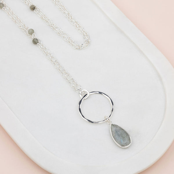 Grey Quartz Stone & Silver Ring Necklace