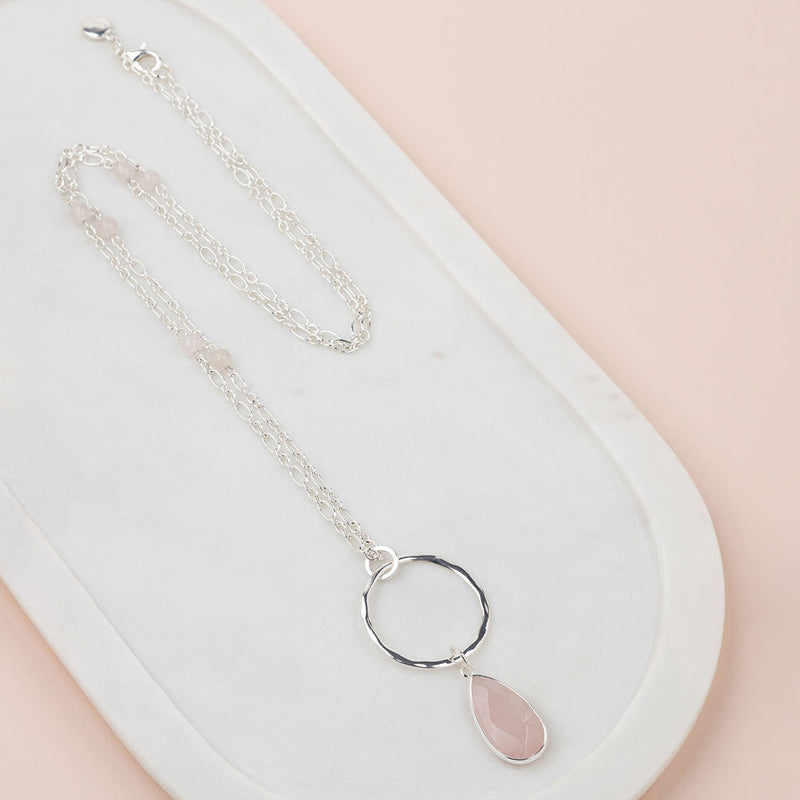 Pink Quartz Stone & Silver Ring Long Necklace