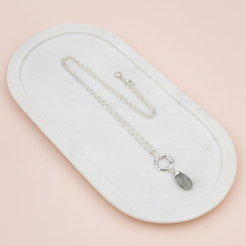 Silver Grey Stone & Ring Long Necklace