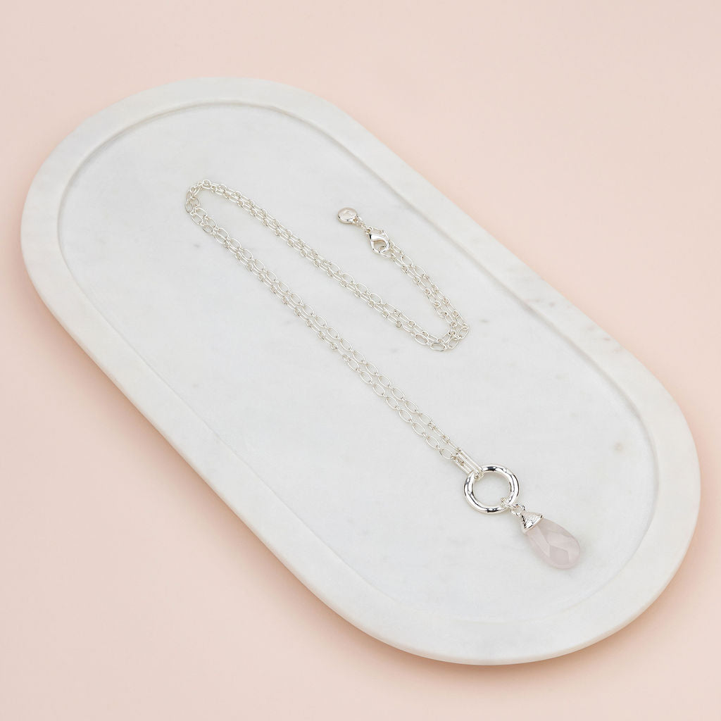 Rose Quartz Pendant on Silver Long Necklace