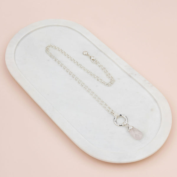 Rose Quartz Pendant on Silver Long Necklace