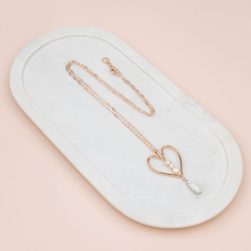 Rose Gold Heart, Pearl & Howlite Stone Necklace