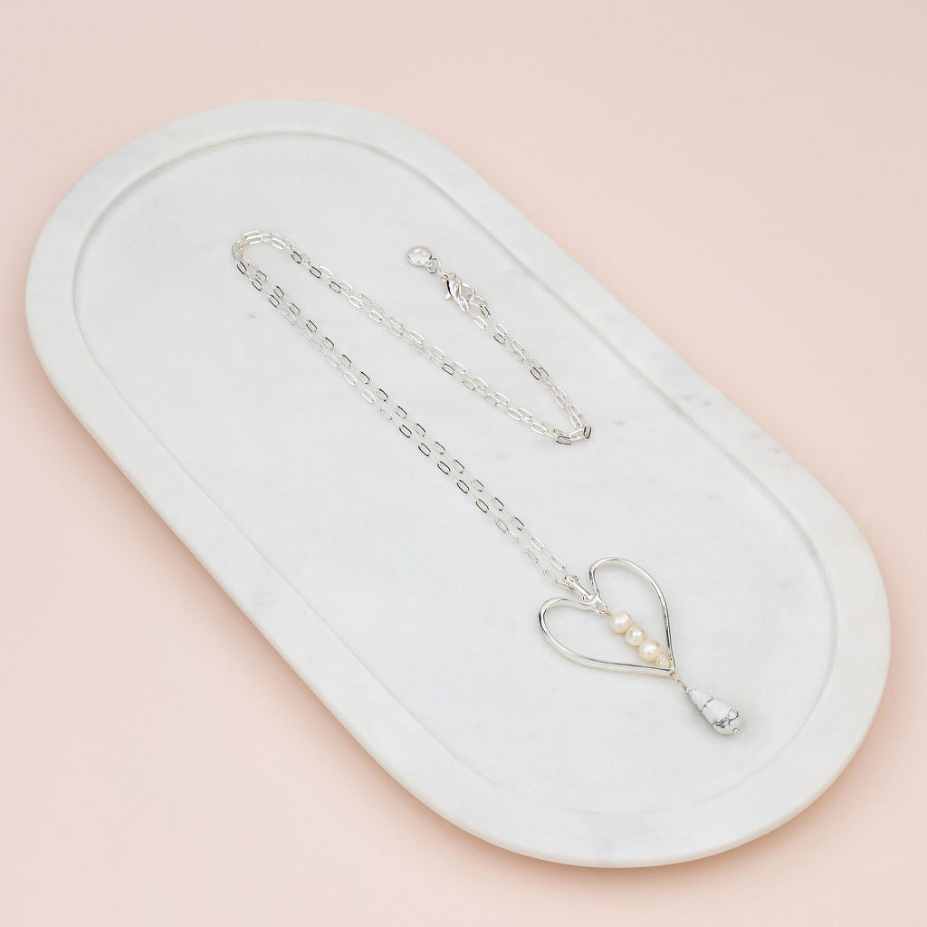 Silver Heart, Pearl & Howlite Stone Necklace