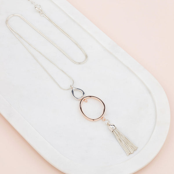 Mixed - Rose Gold & Silver Tassel, Oval and Ball Necklace