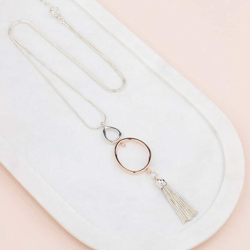 Mixed - Rose Gold & Silver Tassel, Oval and Ball Necklace